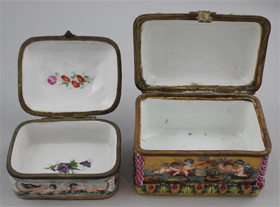 A 19th century Capo di Monte style gilt porcelain hinged box and another similar box, 13.5cm and 11.5cm